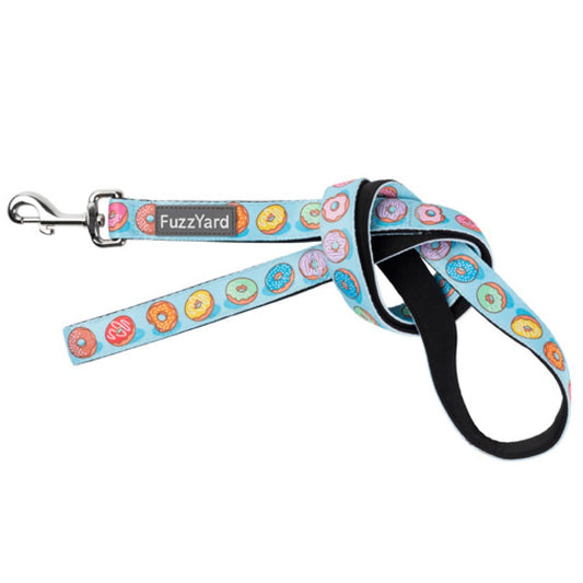 FuzzYard "You Drive Me Glazy" neoprene dog leash with colorful donut pattern and 360° swivel clasp.