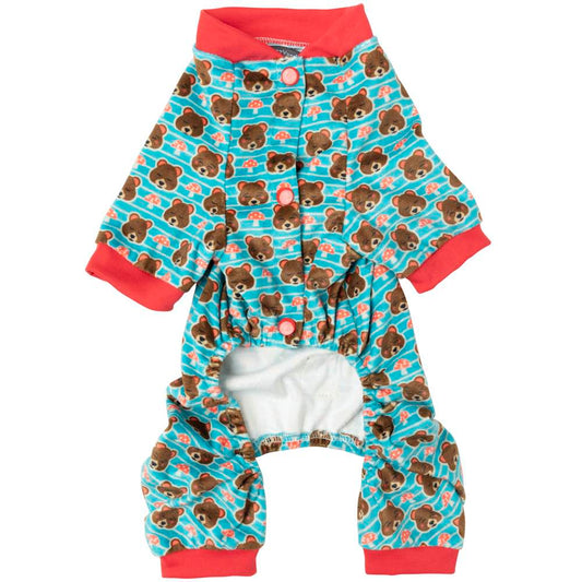 FuzzYard Fuzz Bear dog pyjamas: blue with brown teddy bears, red trim, and snap buttons.