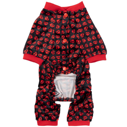 FuzzYard Heartbreaker dog pyjamas: black polyester with red heart-sunglasses print, red trim, and snap buttons.