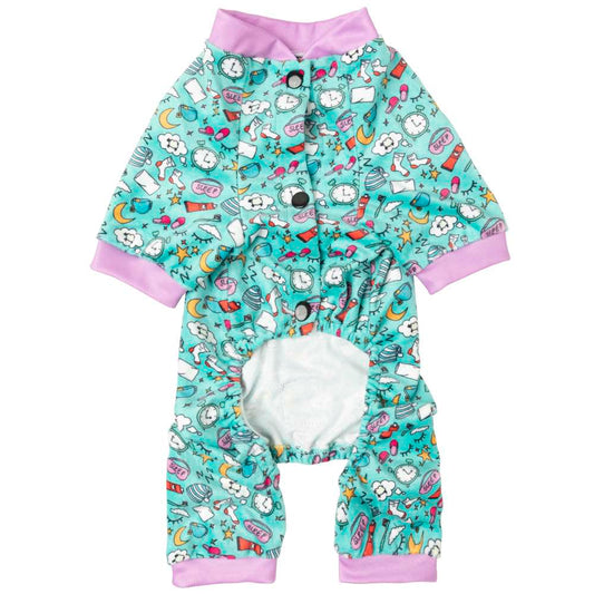 FuzzYard Sweet Dreams dog pyjamas: teal polyester with sleep-themed print, purple trim, and snap buttons.