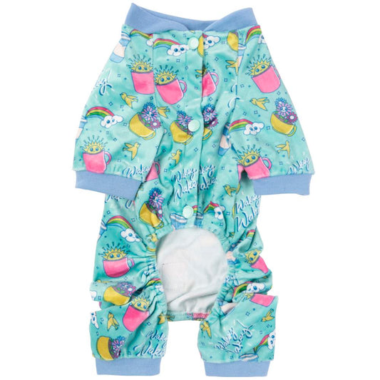 FuzzYard "Wakey Wakey" dog pyjamas: soft blue polyester with breakfast-themed print and snap buttons.