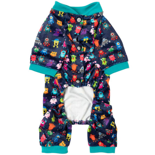 FuzzYard Yardsters dog pyjamas, navy with colorful monster print, teal trim, and snap buttons.