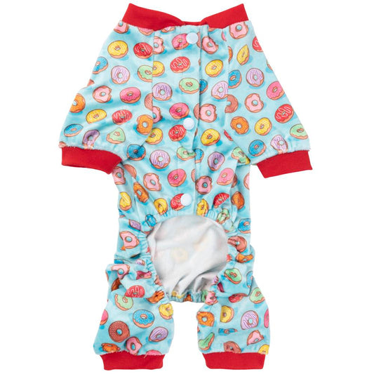 FuzzYard "You Drive Me Glazy" dog pyjamas: light blue polyester with colorful donut print and red trim.