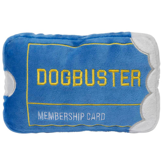 Blue plush Dogbuster Membership Card dog toy with yellow text and white edges.