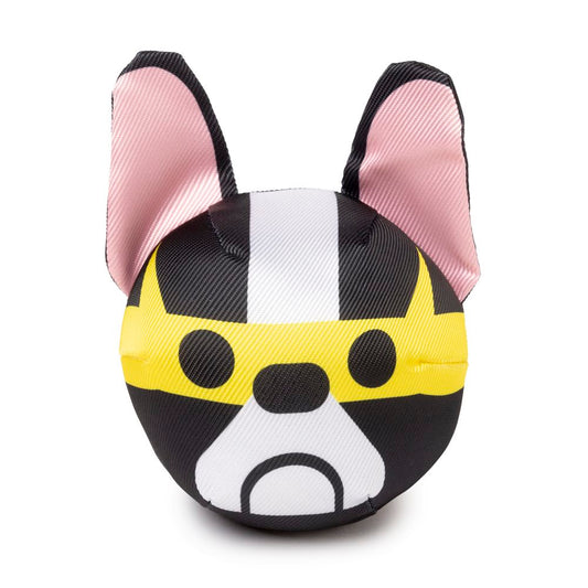 Black, white, and yellow Boston Terrier superhero dog toy with pink ears, made from durable fabric.