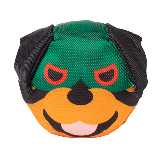 FuzzYard Doggoforce Rumble dog toy: green mask, orange face, black ears, and red eye details.