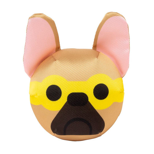 FuzzYard Doggoforce Tank dog toy: a tan French Bulldog head with pink ears and yellow superhero mask.