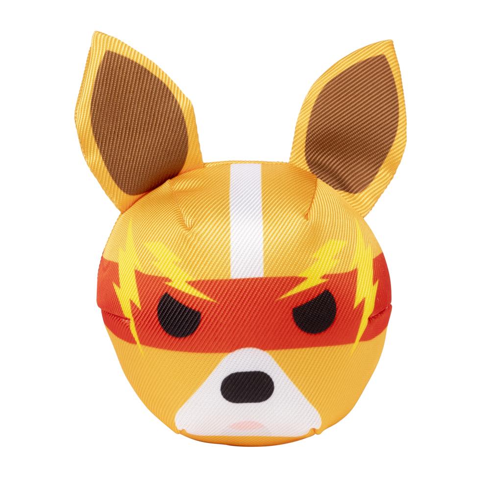 FuzzYard Doggoforce Zap toy: orange corgi head with brown ears, white stripe, red mask, and yellow lightning bolts.