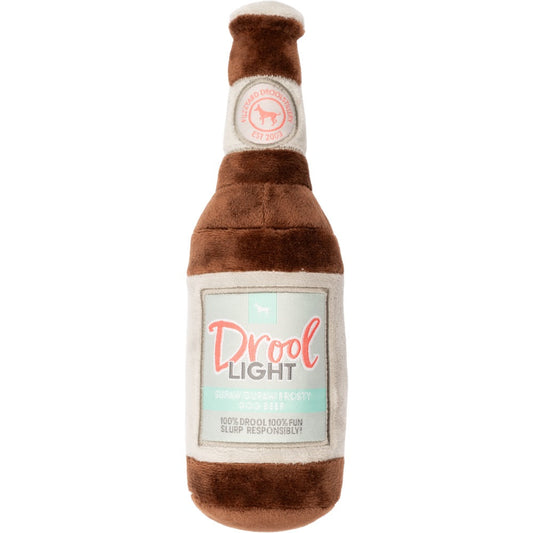 FuzzYard Drool Light plush dog toy, a brown beer bottle with "Drool Light" label.