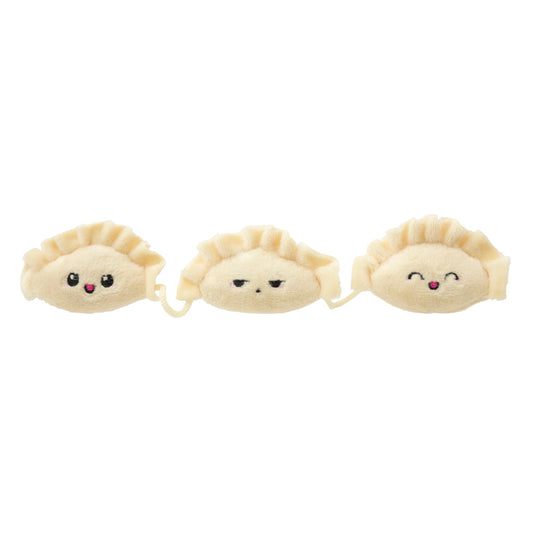 Three cream-colored plush dumpling cat toys with embroidered faces, strung together.