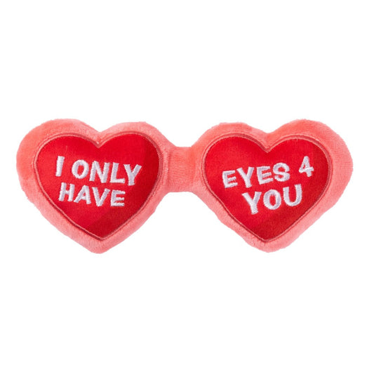 FuzzYard Eyes 4 U Specs Dog Toy: plush red heart-shaped sunglasses with "I ONLY HAVE EYES 4 YOU" text.