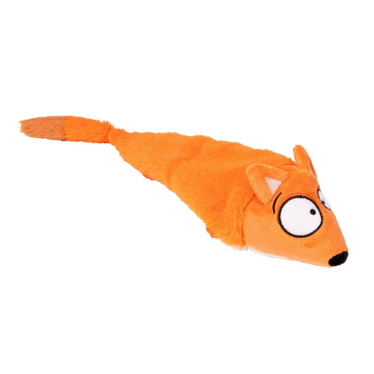 Orange plush FuzzYard Farewell Fox dog toy with an elongated, stuffingless body and embroidered cartoon eyes.