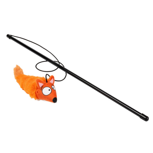 FuzzYard Farewell Fox cat toy: an orange plush fox with big eyes, attached to a black stick wand.