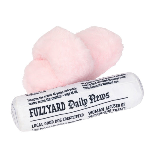 FuzzYard Fetch My Slippers & Paper 2 Pcs Dog Toy, featuring a pink plush slipper and a white newspaper toy.