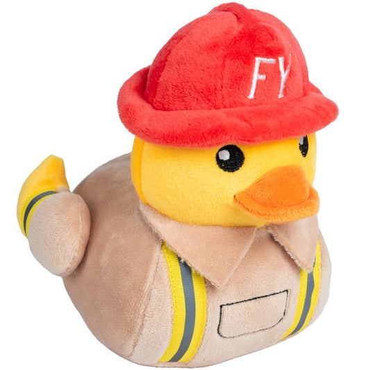 Plush yellow duck dog toy, Firequacker, wearing a red firefighter hat with "FY" and a tan uniform with yellow stripes.