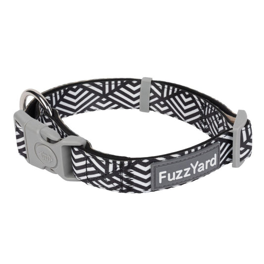 FuzzYard Fitzroy dog collar: black and white geometric neoprene with grey buckle and ring.
