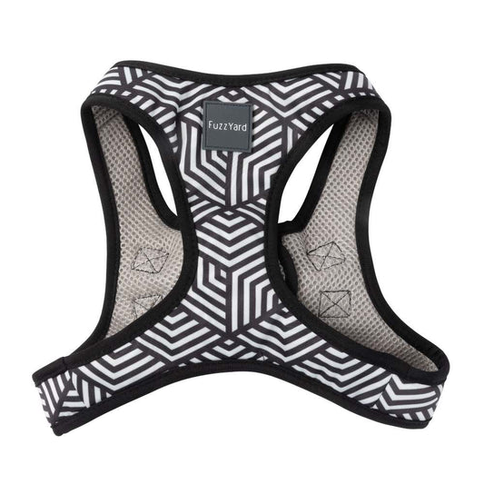 FuzzYard Fitzroy step-in dog harness with black and white geometric honeycomb pattern, black trim, and mesh lining.