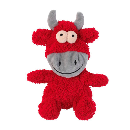 FuzzYard Flat Out Nasties Jordan The Bull dog toy, red plush with gray snout and horns, no stuffing.