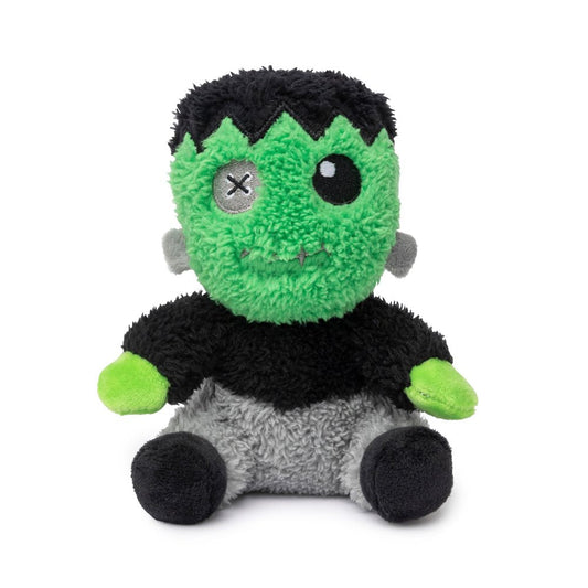 FuzzYard Frankie plush dog toy: green monster head, black hair, grey body, green hands, black feet.
