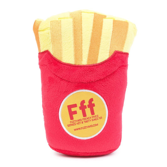 Red plush dog toy shaped like a french fry carton with yellow fries and a "Fff" logo.