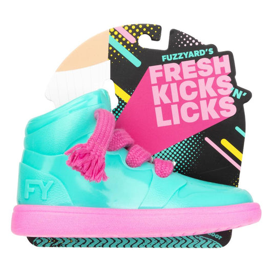 Aqua and pink thermoplastic rubber sneaker dog toy with rope laces and tongue-cleaning groove sole.