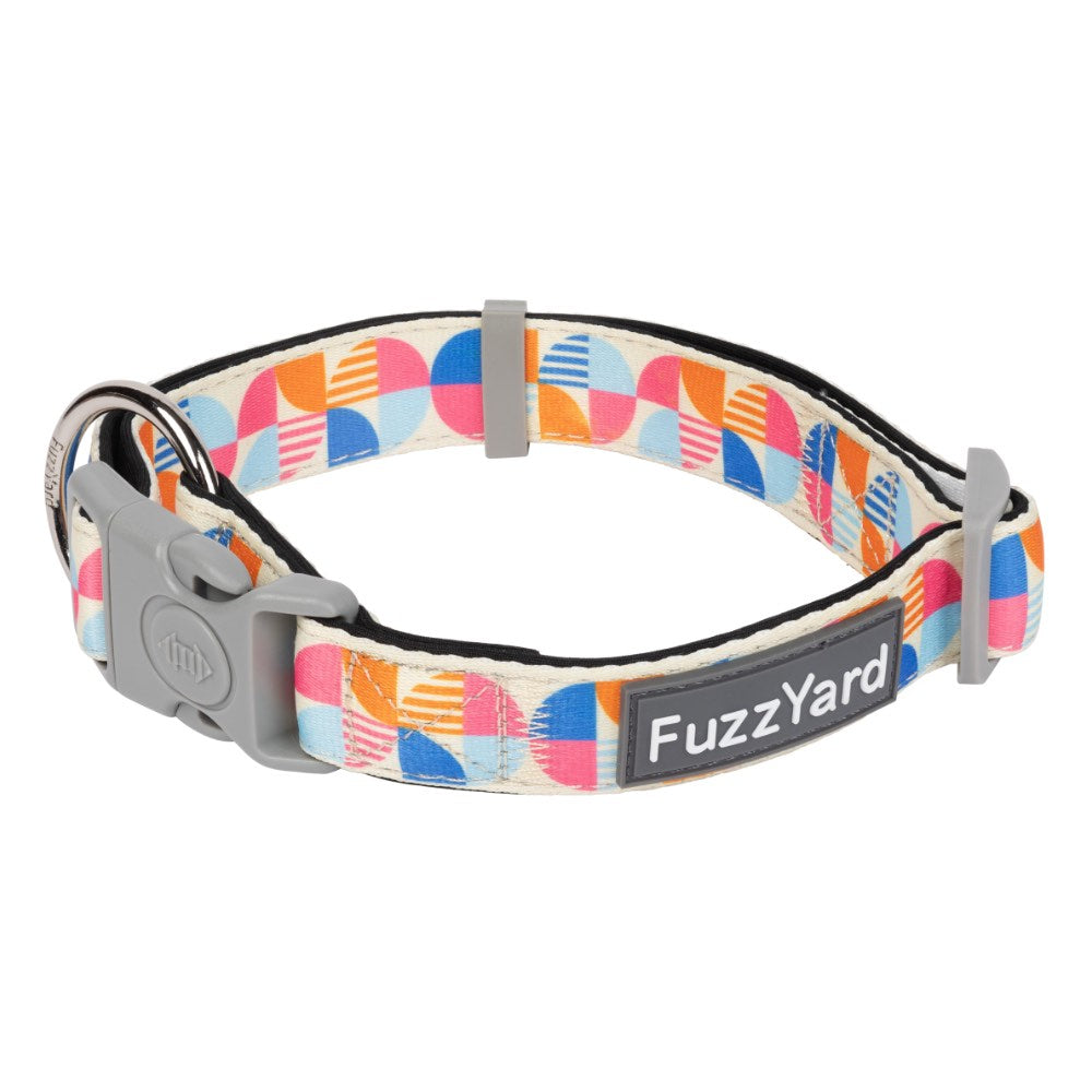 FuzzYard Fresh Zest dog collar with 70s geometric pattern, gray buckle, and stainless steel ring.