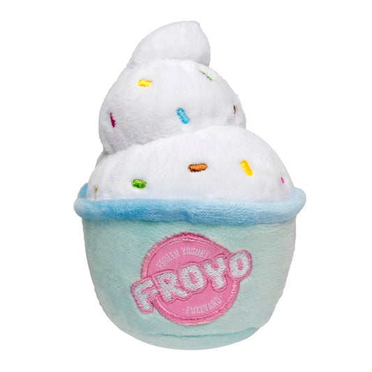 Fuzzyard Frozen Yoghurt plush dog toy: white froyo swirl with colorful sprinkles in a blue cup with pink "FROYO" logo.