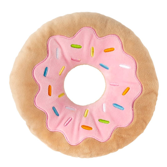 FuzzYard Giant Donut Plush Toy: a soft, round, tan dog toy with pink frosting and colorful sprinkles.