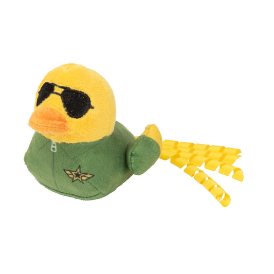 Yellow plush duck cat toy in a green pilot's suit with sunglasses and yellow ribbon strings.