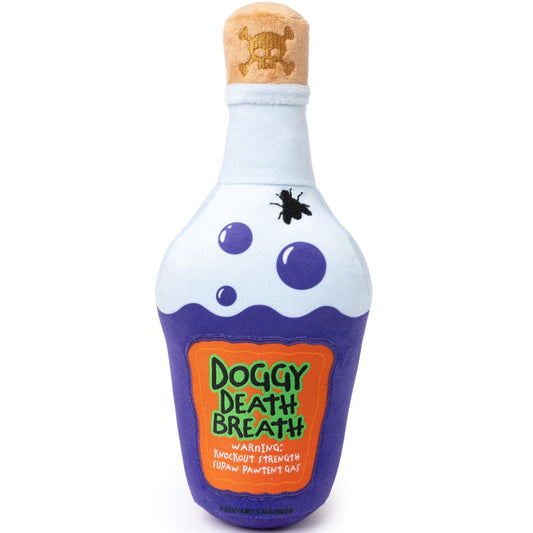 FuzzYard Halloween Doggy Death Breath Potion plush dog toy, purple and light blue with a skull cork.