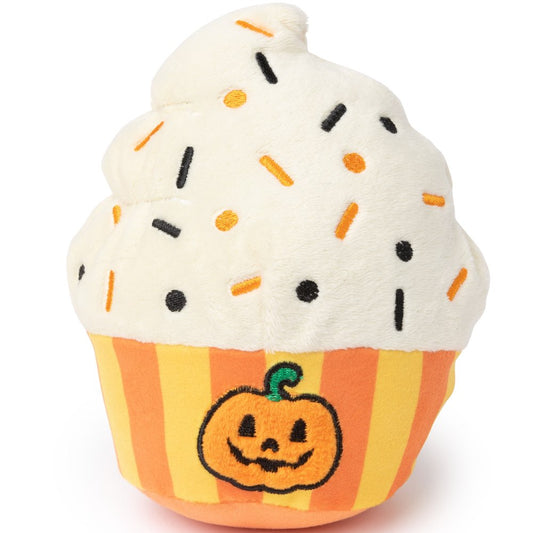 FuzzYard Halloween plush dog toy: white cupcake with orange and black sprinkles, striped wrapper, and a happy pumpkin.