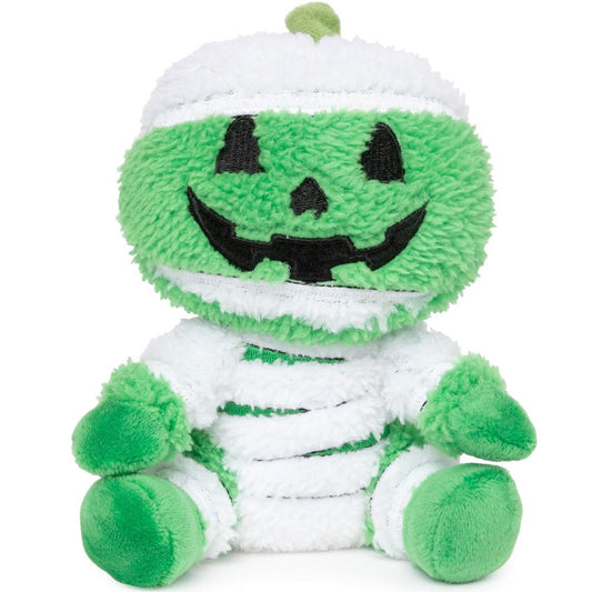 Fluffy green pumpkin dog toy, Jack-O Chan Mummy, with white mummy wraps and a black carved face.