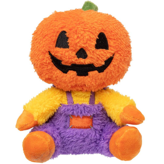 FuzzYard Halloween Jack-O Chan plush dog toy: an orange pumpkin with a black carved face, wearing purple overalls and a yellow shirt.