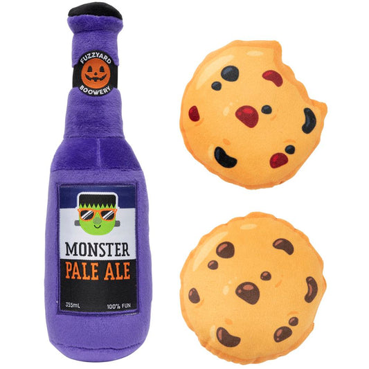 FuzzYard Halloween Monster Pale Ale and two chocolate chip cookie plush dog toys.