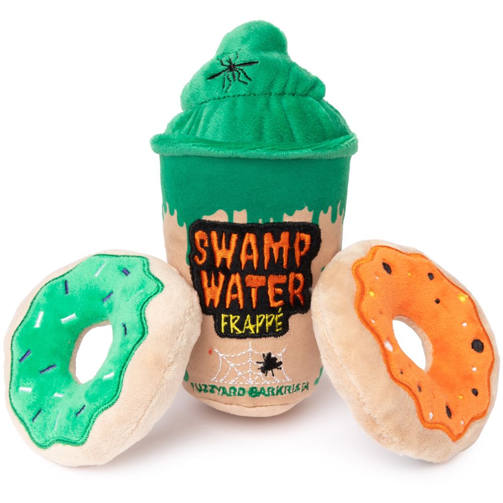 FuzzYard Halloween plush dog toys: green "Swamp Water Frappe" with spider, and two spooky donuts.
