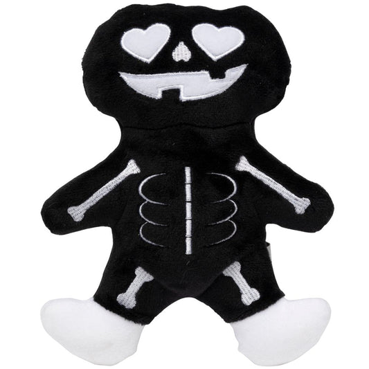 Black plush dog toy shaped like a pumpkin skeleton with white heart eyes and bones.