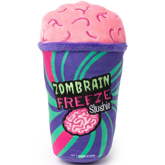 FuzzYard Halloween Zombrain Freeze Slushie plush dog toy, purple cup with green and pink swirls, pink brain top.