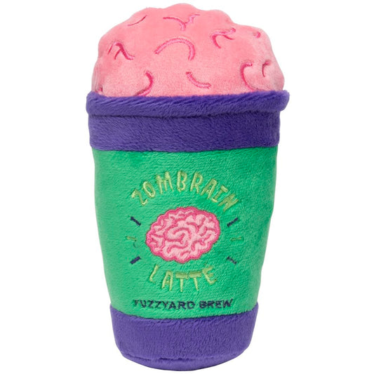 FuzzYard Halloween Zombrain Latte plush dog toy, green cup with purple trim and pink brain top.