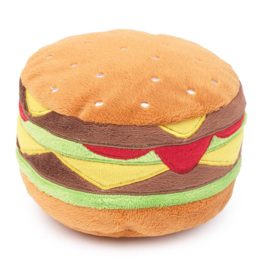 FuzzYard Hamburger Plush Toy: soft, colorful fabric dog toy with sesame seeds, cheese, lettuce, and ketchup layers.