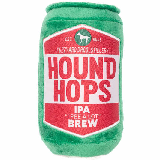 Green plush dog toy shaped like a beer can with a "Hound Hops IPA" label.