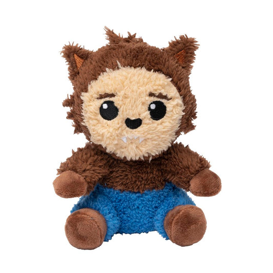 FuzzYard Howl plush dog toy, a cute brown werewolf with a cream face and blue pants.