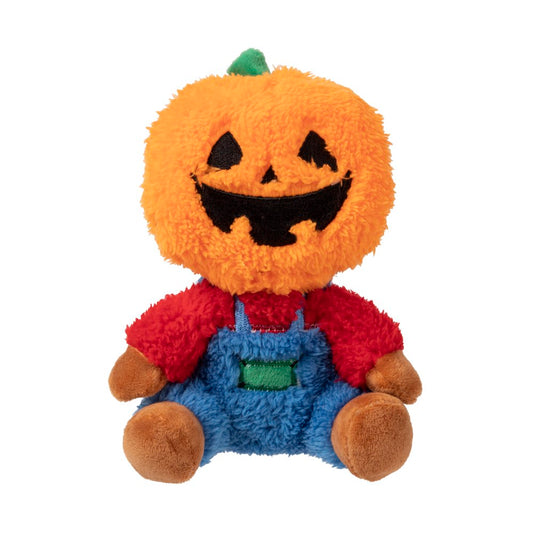 FuzzYard Jacko plush dog toy: an orange pumpkin head with black features, red shirt, and blue overalls.