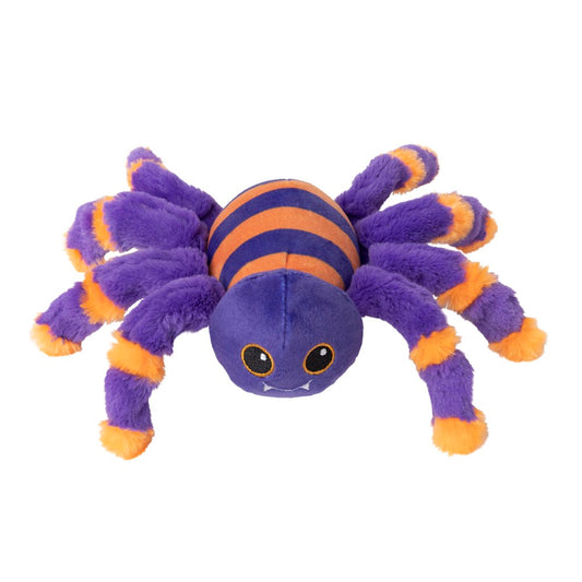 FuzzYard Jeepers plush dog toy: a purple and orange striped spider with eight fuzzy legs and a squeaker.