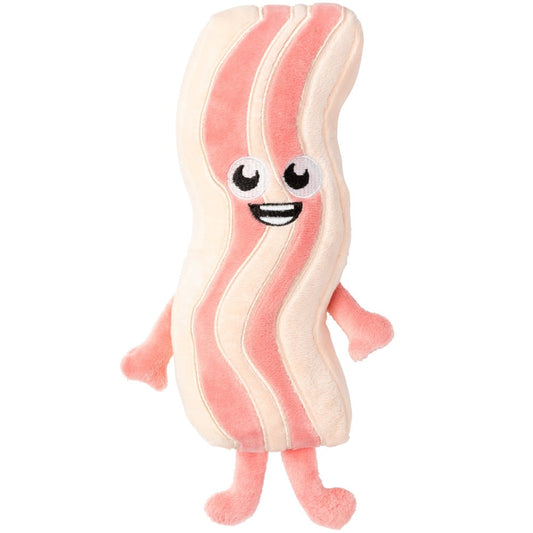 Plush FuzzYard Kevin Bacon-Strip dog toy, a soft, beige and pink bacon strip with a smiling face, arms, and legs.