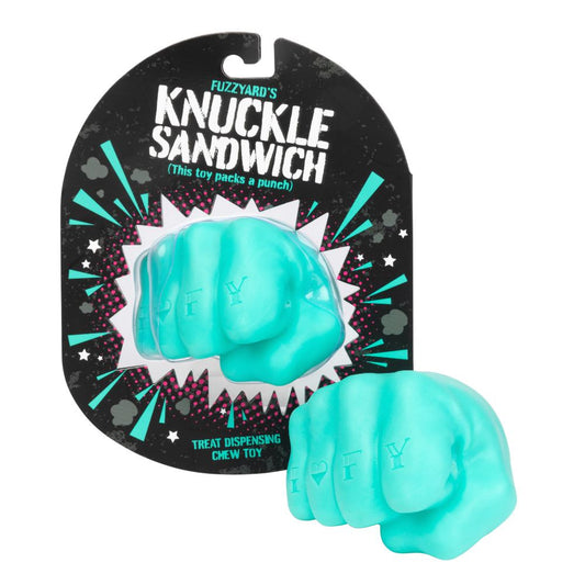 FuzzYard Knuckle Sandwich dog toy, a turquoise fist-shaped treat dispenser and chew toy, with packaging.