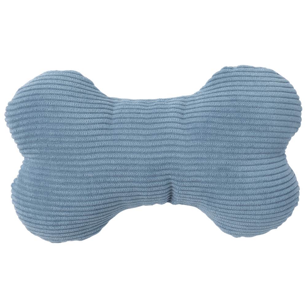French blue corduroy plush bone dog toy with soft filling and internal squeaker.