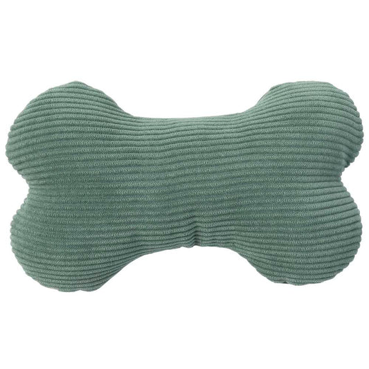 Myrtle green corduroy bone-shaped plush dog toy with soft filling and internal squeaker.