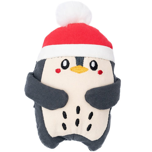 FuzzYard Life Christmas Penguin plush cat toy, 10cm tall, with a red Santa hat and white pom-pom.