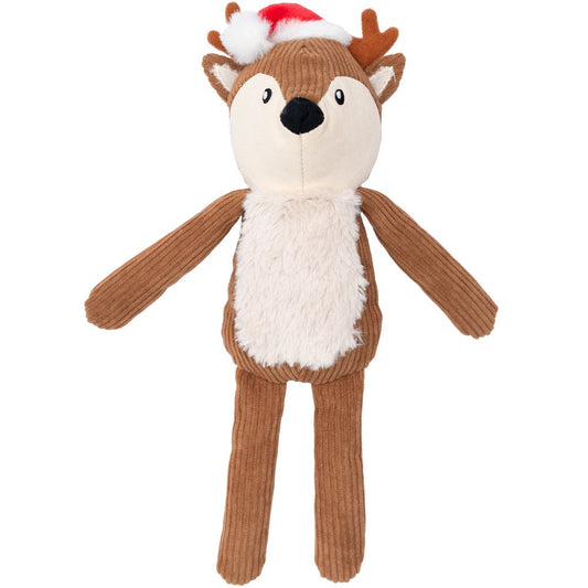 Brown corduroy reindeer dog toy with a red Santa hat, fluffy white chest, and small antlers.