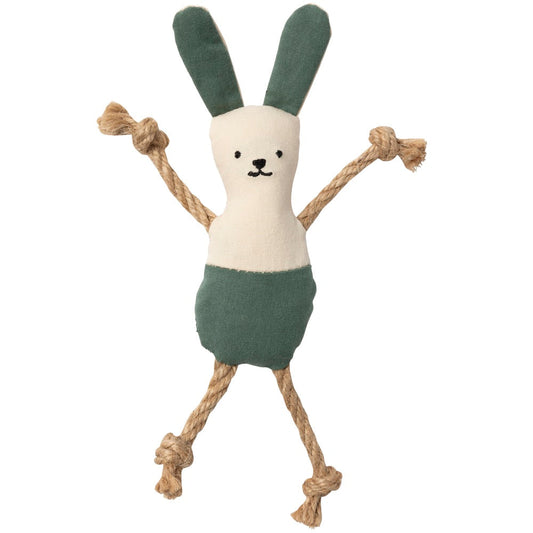 FuzzYard Life Cotton Bunny Cat Toy in Myrtle Green with rope limbs and catnip.